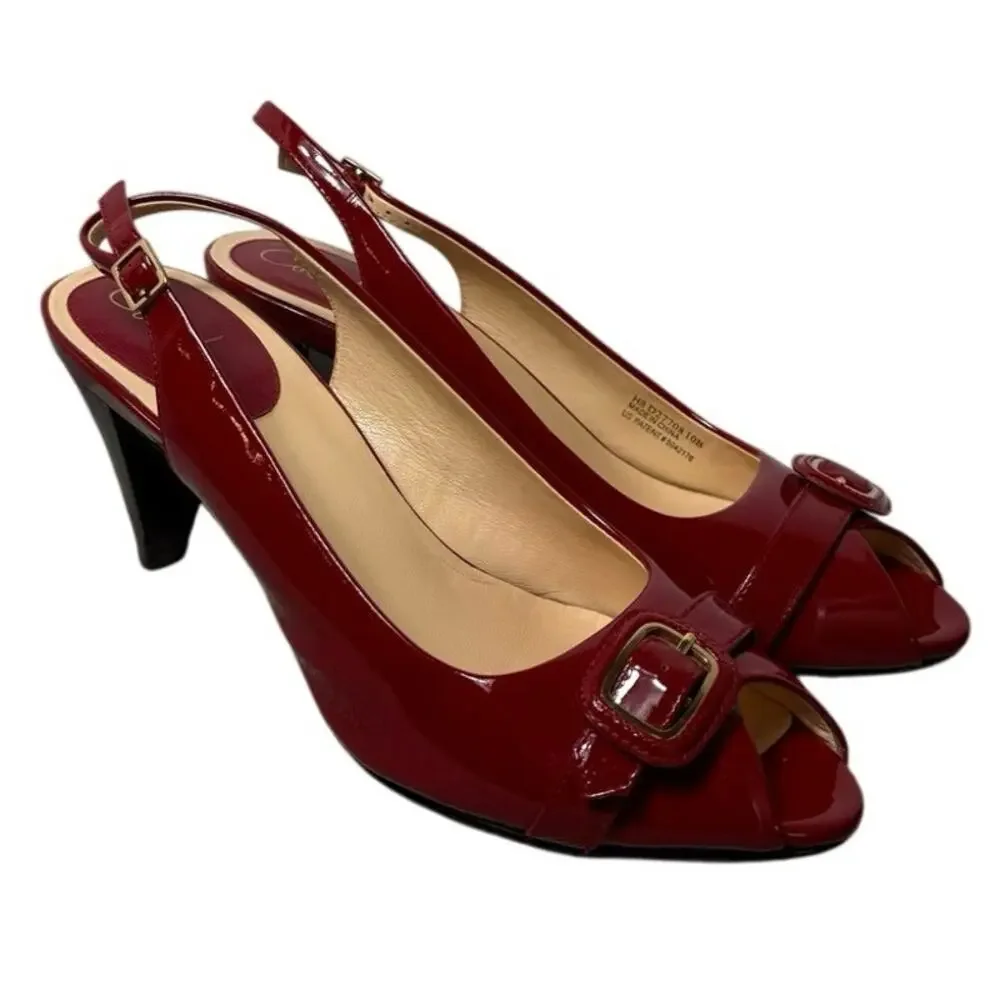 Cole Haan Nike Air Eliana Red Patent Leather Buckle Peep Toe Slingback Heels 10